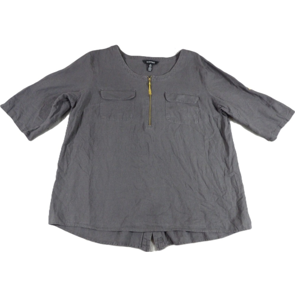 Ellen Tracy Blouse XL Gray Linen Viscose Zip‎ Neck Utility Pocket Roll Tab Shirt